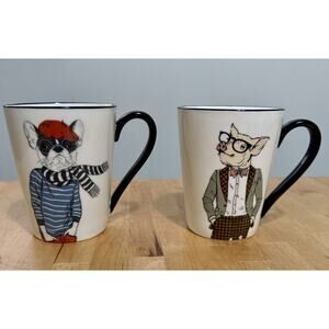 Signature Housewares Mug Set French Bulldog Pig Animal Art Stoneware Coffee Tea